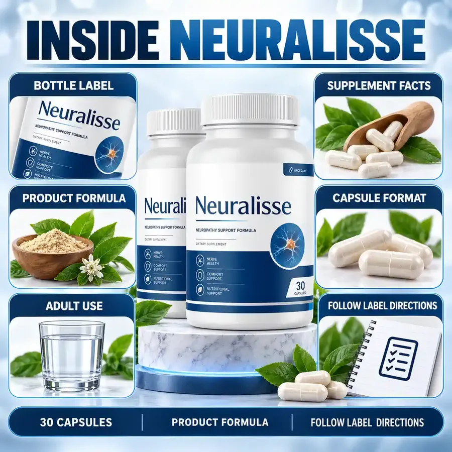 Brand graphic Inside Neuralisse showing the bottle label, Supplement Facts, product formula, capsule format and adult use tiles