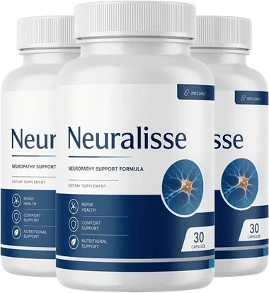 Three white bottles of Neuralisse Nerve Support Formula with a glowing blue neuron on the label