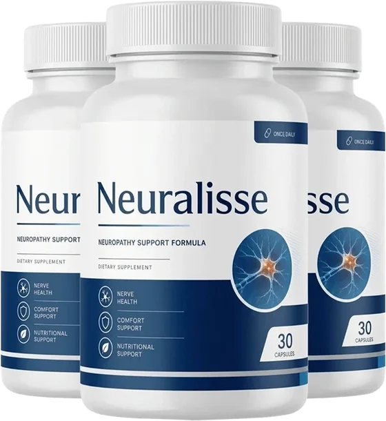 Three white bottles of Neuralisse Nerve Support Formula, 30 capsules each, with a glowing blue neuron on the navy label