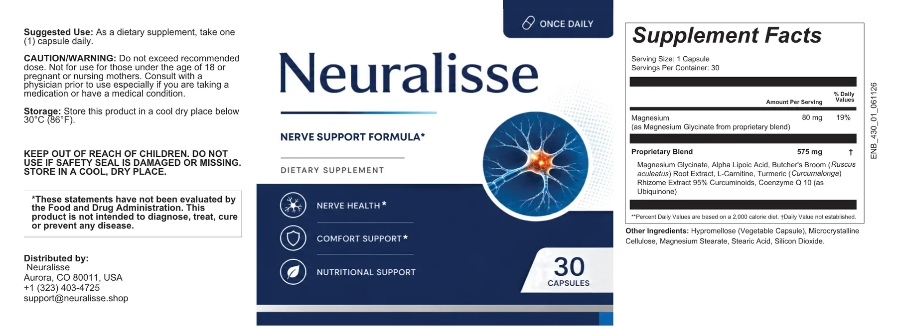 The full Neuralisse label laid flat: suggested use, warnings and distributor on the left, the navy front panel with a glowing neuron in the middle, and the Supplement Facts panel on the right